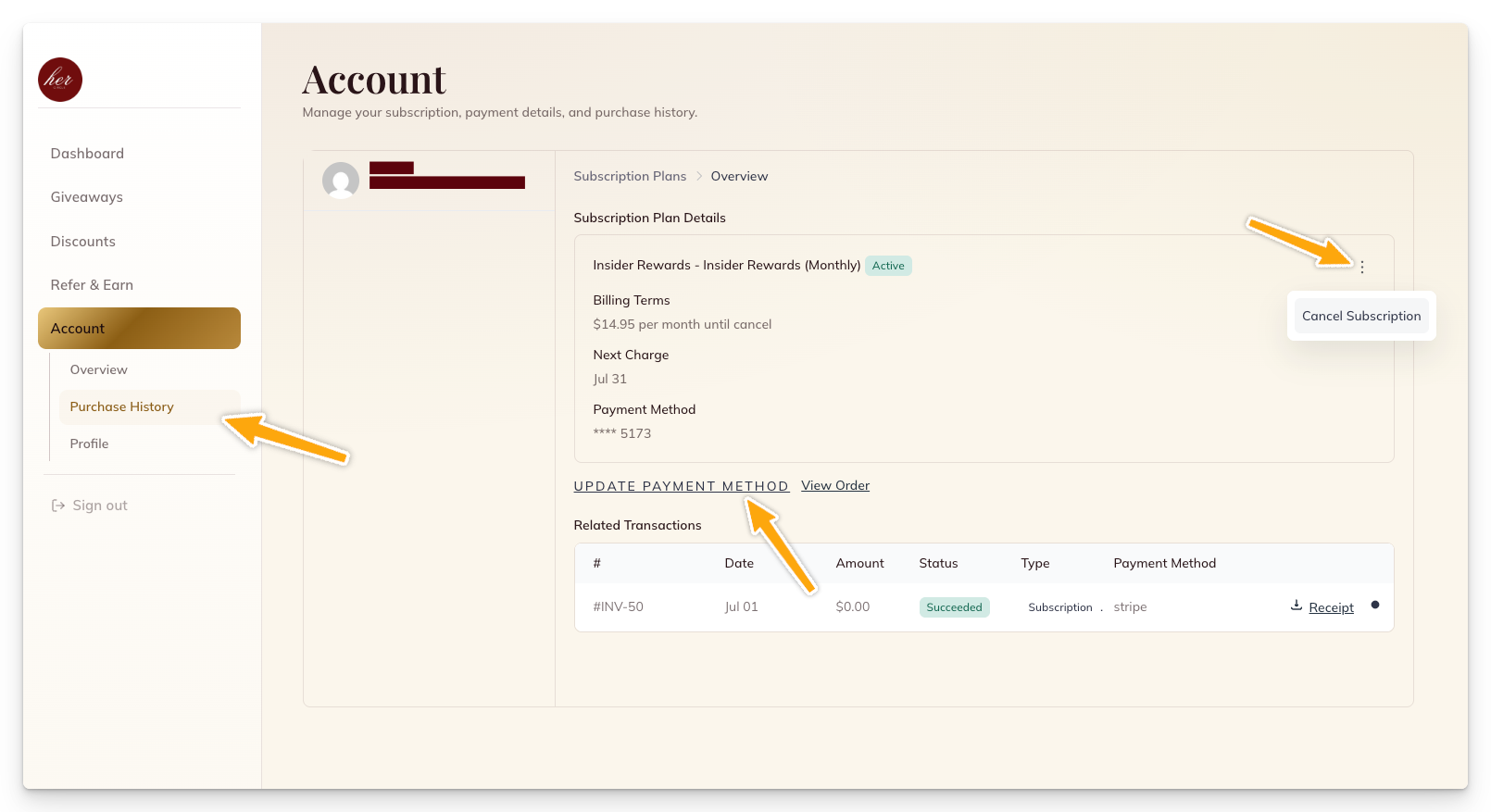 Cancel account view